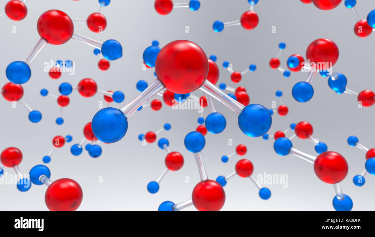 Many H2O molecules of water with red atom of oxygen and blue hydrogen atoms. Science and chemistry concept. One molecule is in focus and other are not Stock Photo