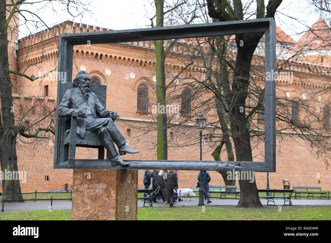 The Jan Matejko Monument, paying homage to one of Polands's greatest painters, just outside the Barbican in Krakow. Stock Photo