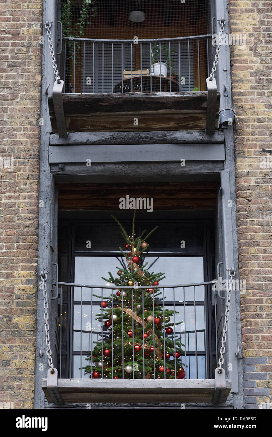 Christmas tree on a wooden balcony, Docks London Stock Photo Alamy