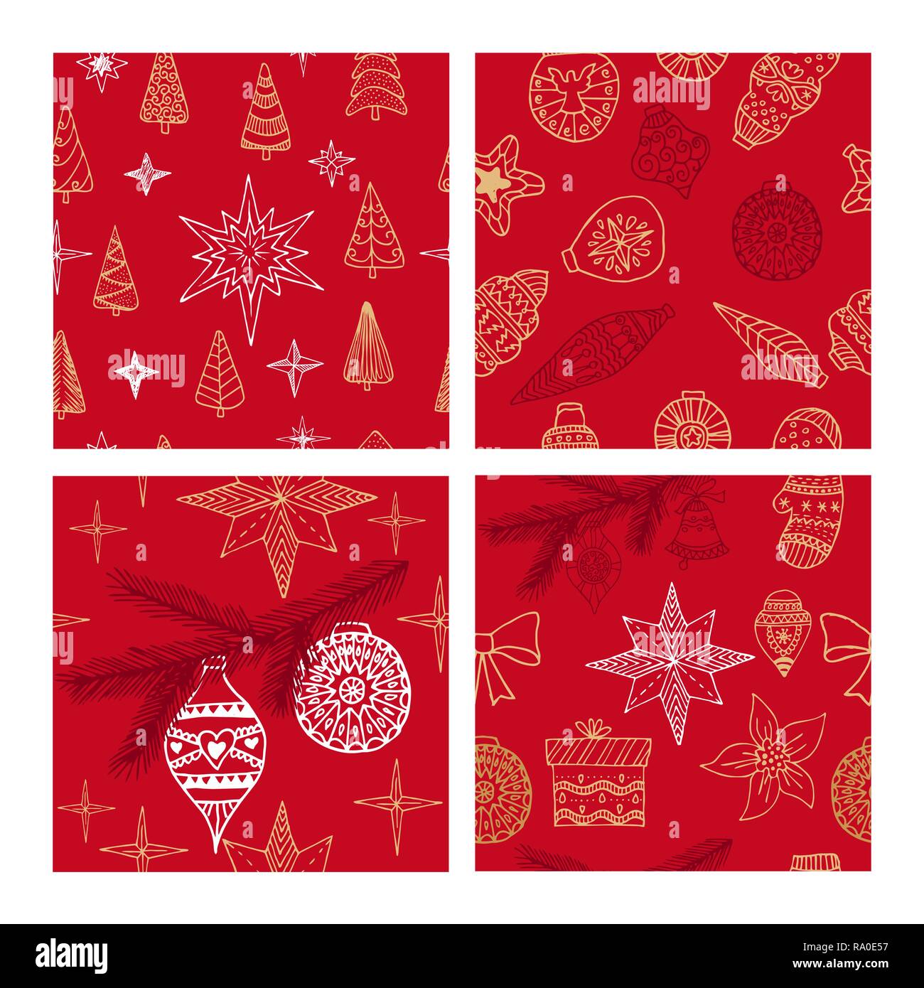 Beautiful seamless Christmas and winter patterns, drawn by hand. Many festive elements and patterns. Vector graphics and illustration. Stock Vector