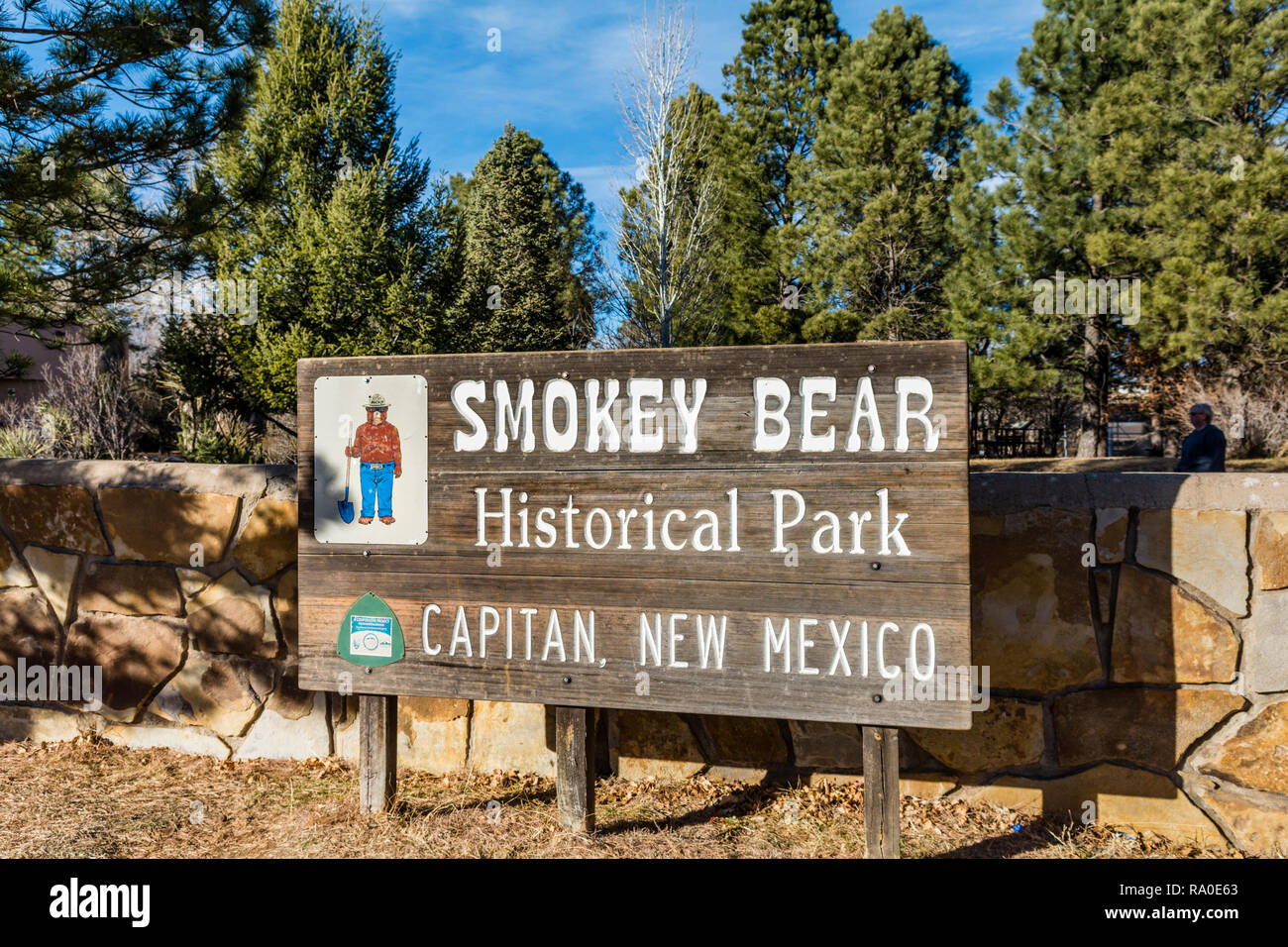 Smokey Bear Historical Park sign in Capitan, New Mexico. Stock Photo