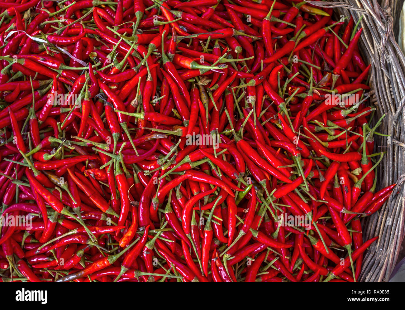 Large Basket of red chili peppers at market in Asia Stock Photo - Alamy