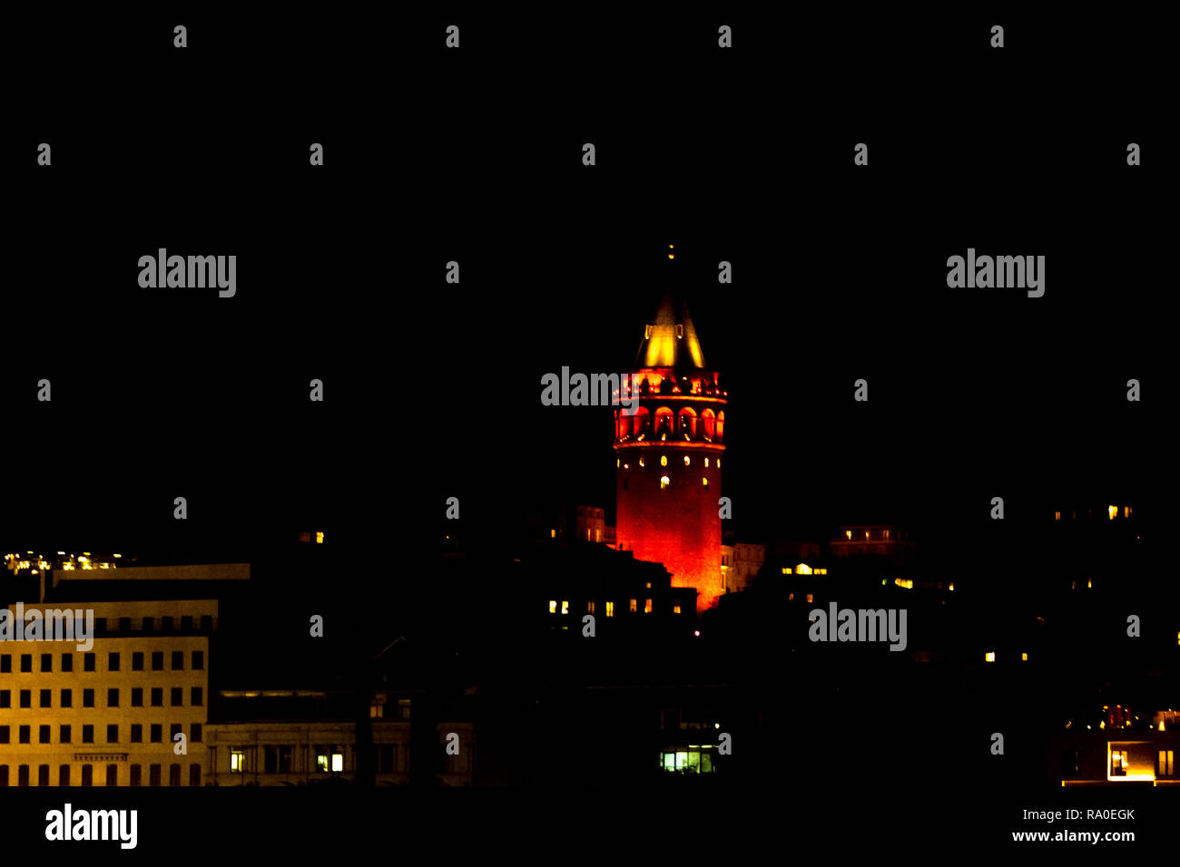 Galata Tower lighten at night in Istanbul Stock Photo - Alamy