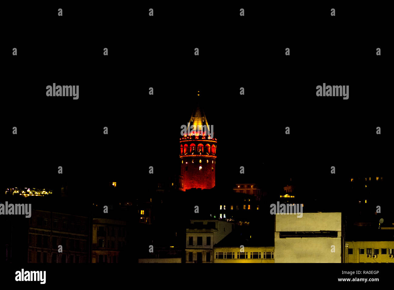 Galata Tower lighten at night in Istanbul Stock Photo - Alamy
