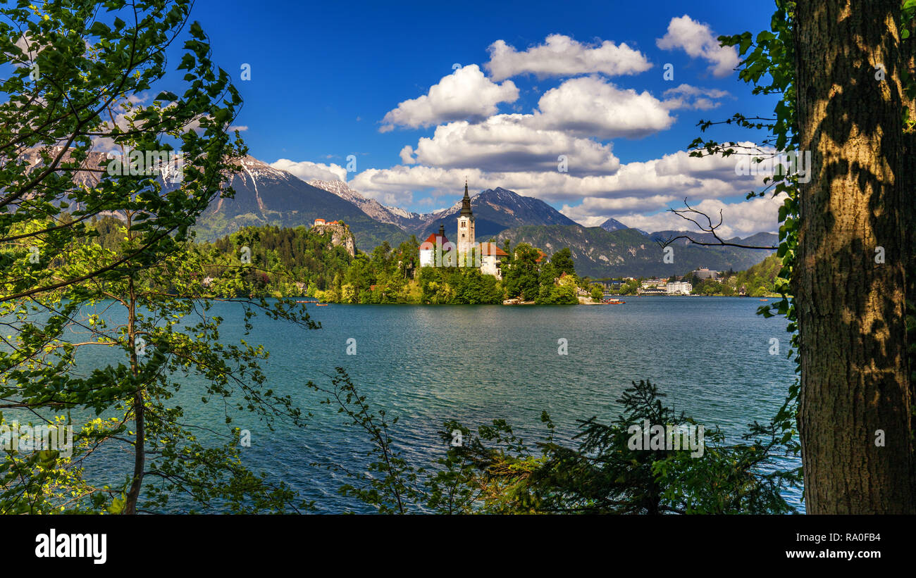 Lake Bled with St. Marys Church of Assumption on small island. Bled, Slovenia, Europe. The Church of the Assumption, Bled, Slovenia. The Lake Bled and Stock Photo