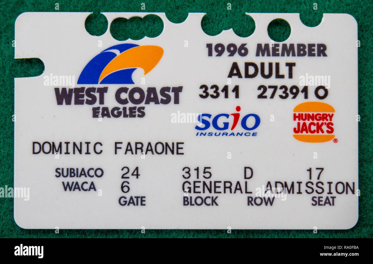 West Coast Eagles Football Club membership card for the year 1996 Stock