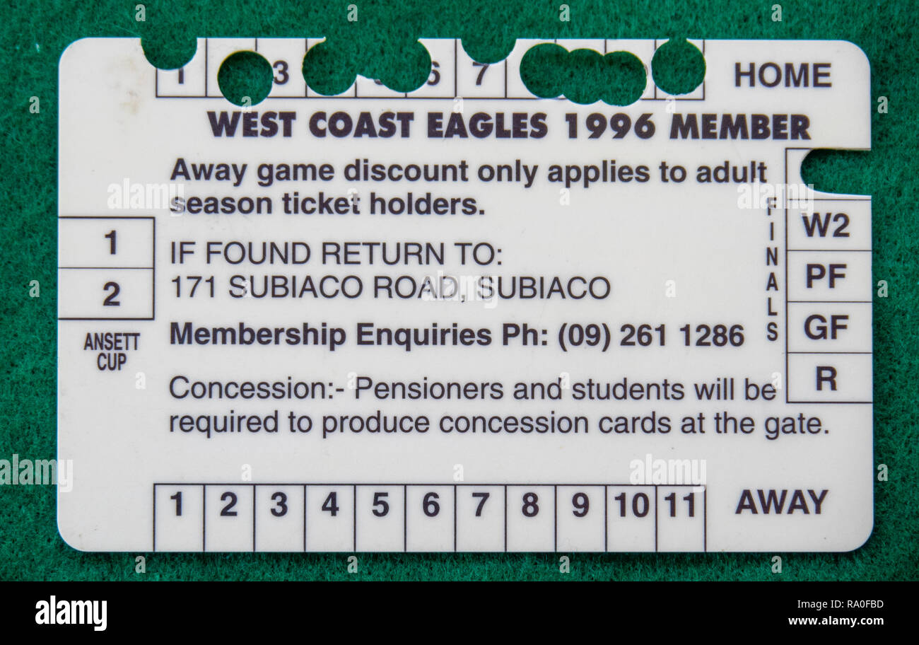 Back of West Coast Eagles Football Club membership card for the year