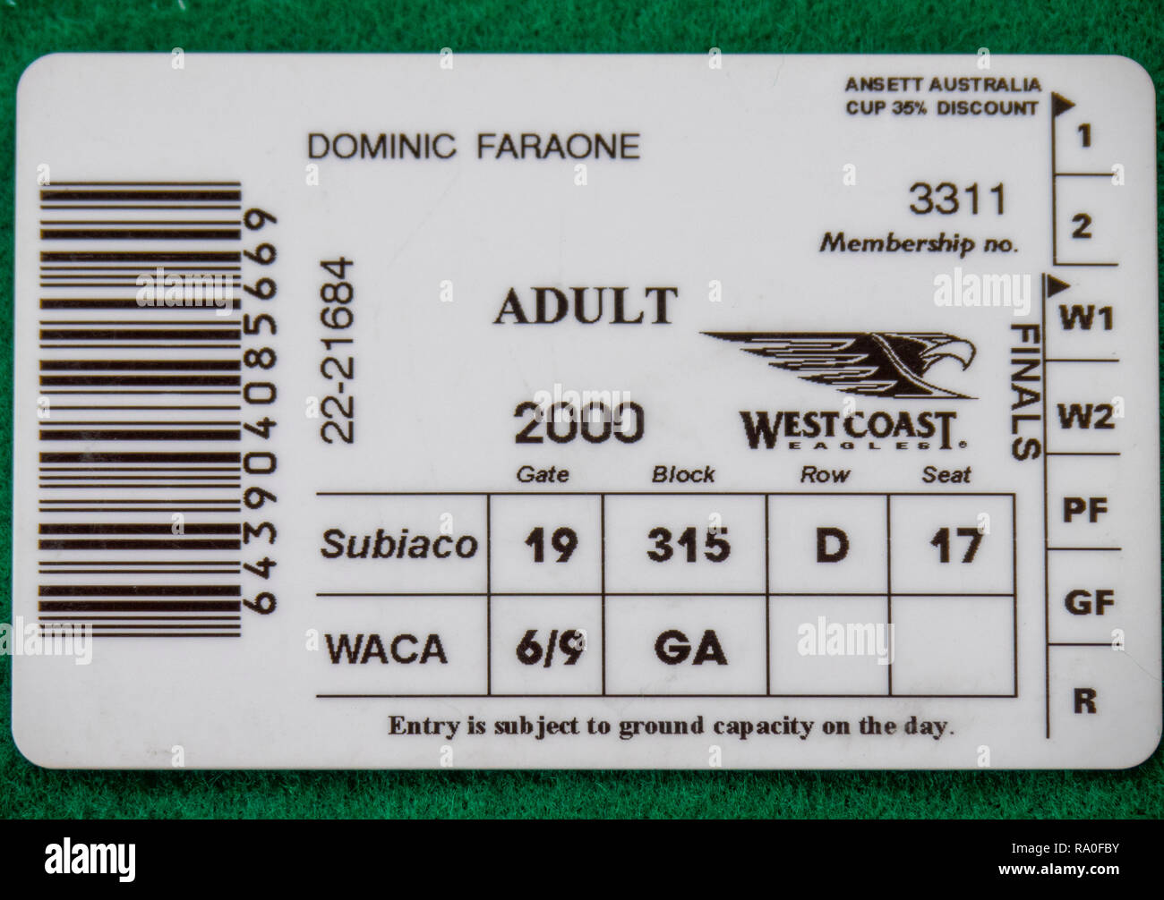 Back of West Coast Eagles Football Club membership card for the year