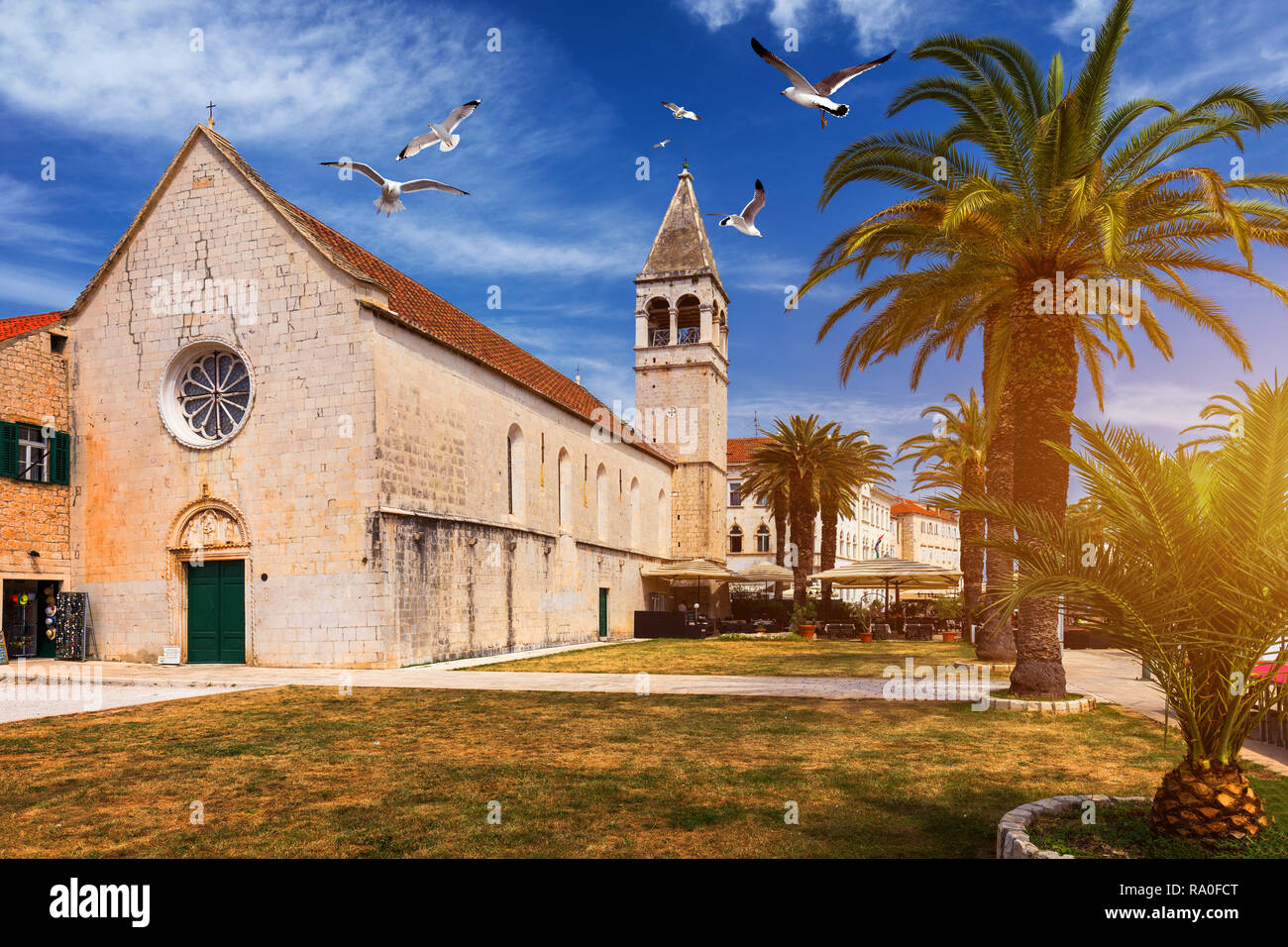 Church of St. Dominic in Trogir Croatia. St Dominic church (Dominican church) in the old town of Trogir, Croatia. Seagull's flying over Trogir. Stock Photo