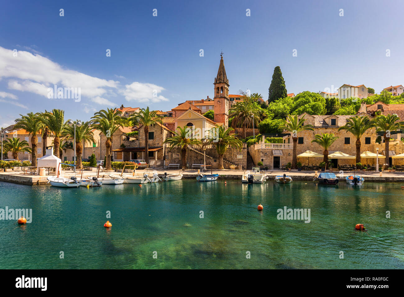 Fishing boats in Splitska village with beautiful port, Brac island ...