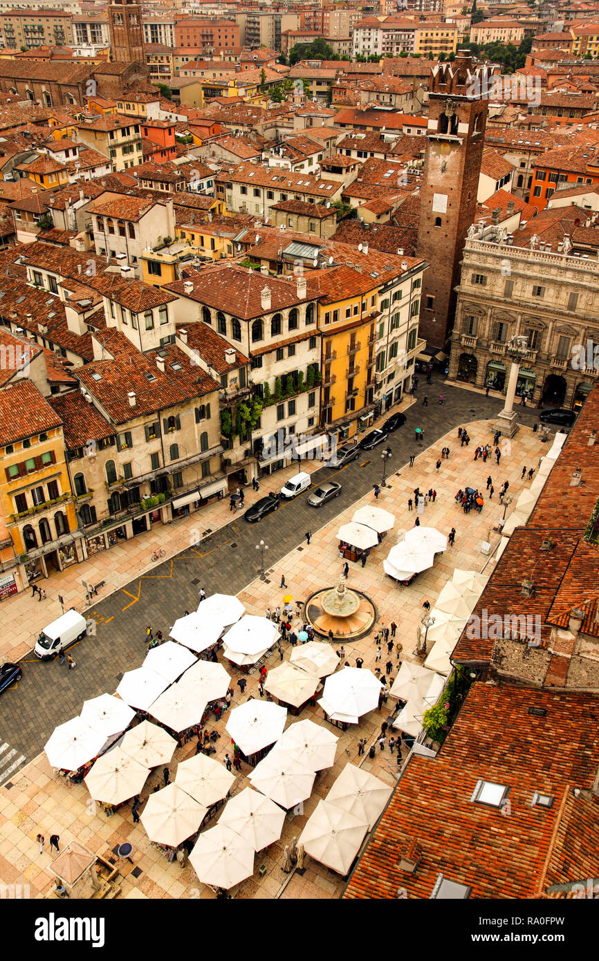 Historic Piazza Erbe and surrounding buildings in Verona. Stock Photo