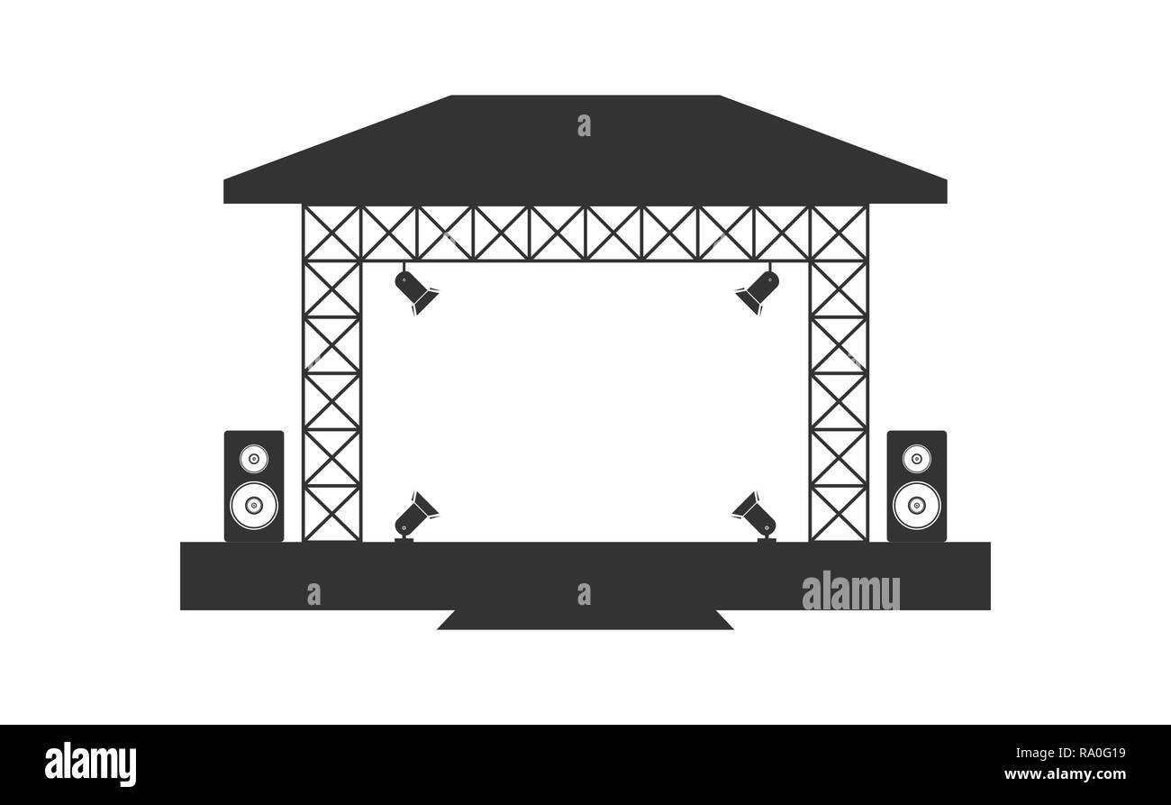 Stage concert, theater, podium, spotlight, stage light, empty stage, musical equipment speakers, simple icons, stage Stock Vector