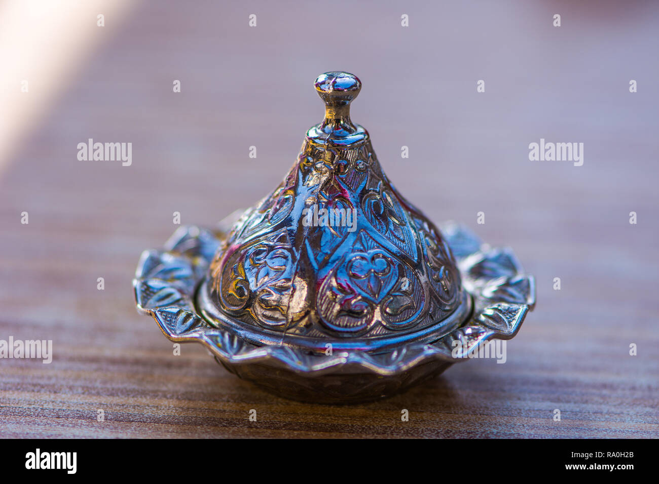 Traditional Turkish metal delight bowl, dish.lokumluk closeup shot Stock Photo