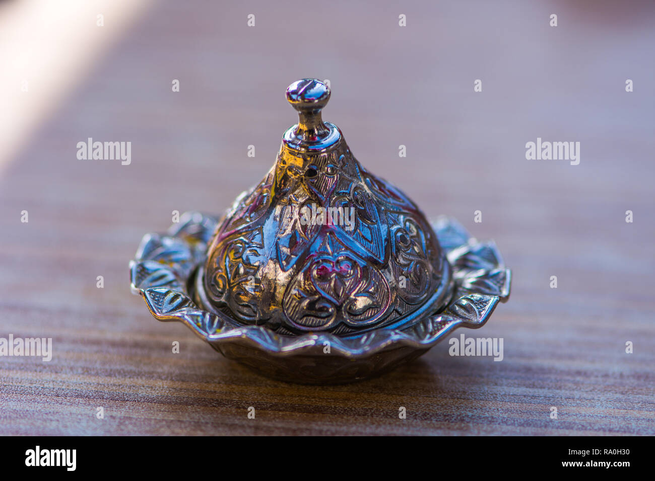 Traditional Turkish metal delight bowl, dish.lokumluk closeup shot Stock Photo