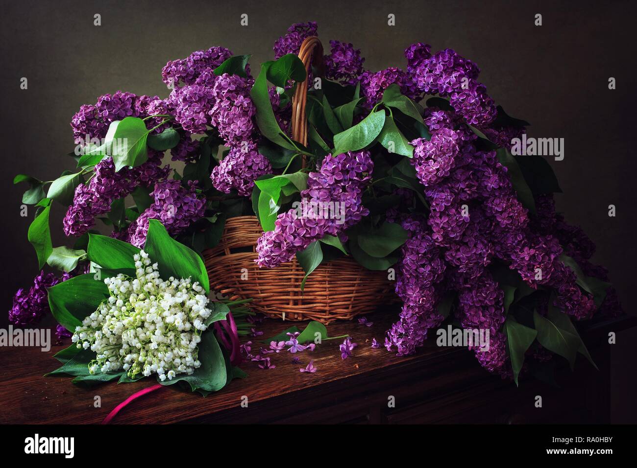 Still life with bouquet of lilac Stock Photo - Alamy