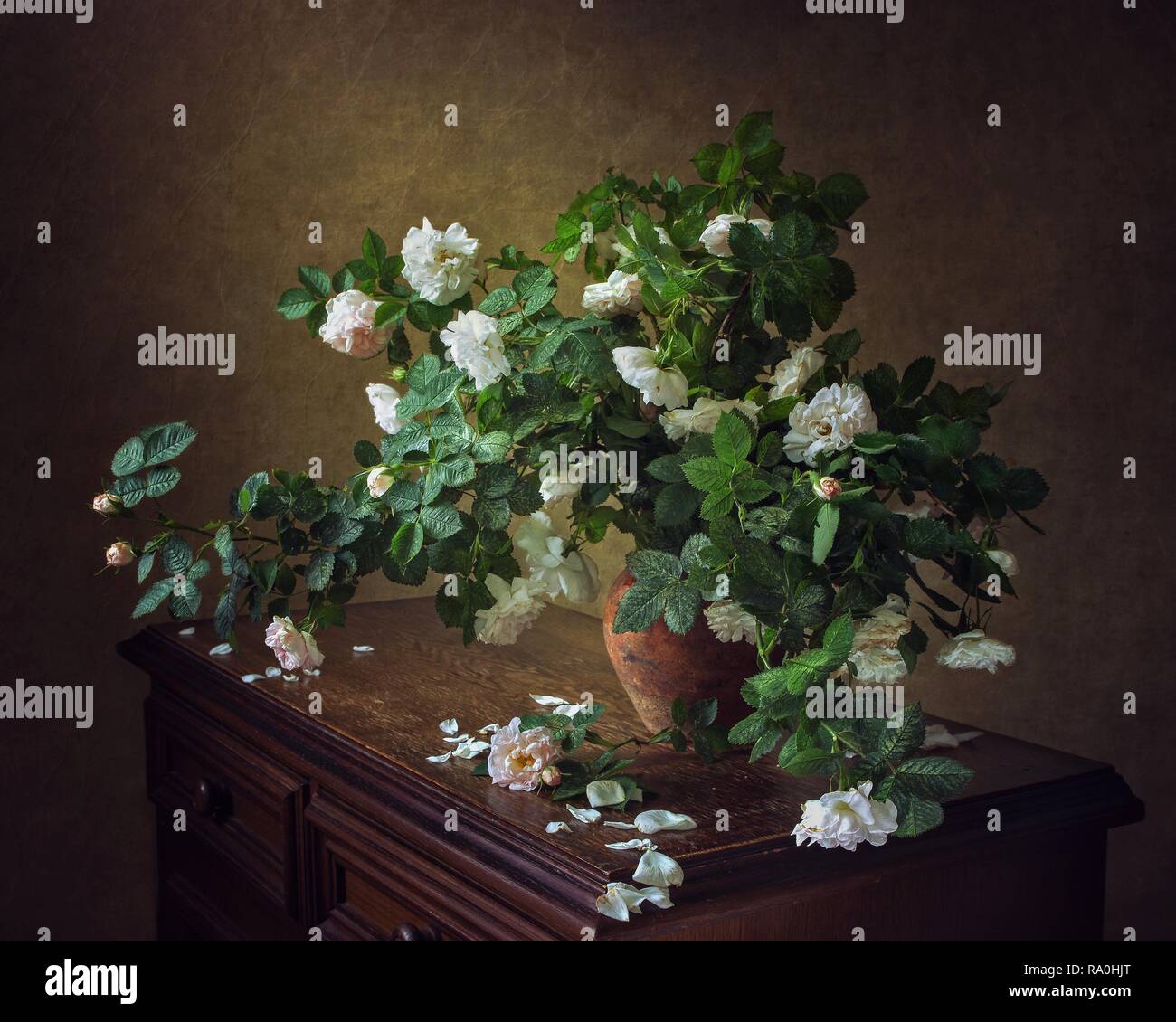 Still life with bouquet of white spray roses Stock Photo - Alamy