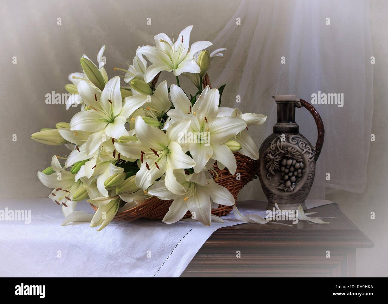 Still life with bouquet of white lily flowers Stock Photo - Alamy
