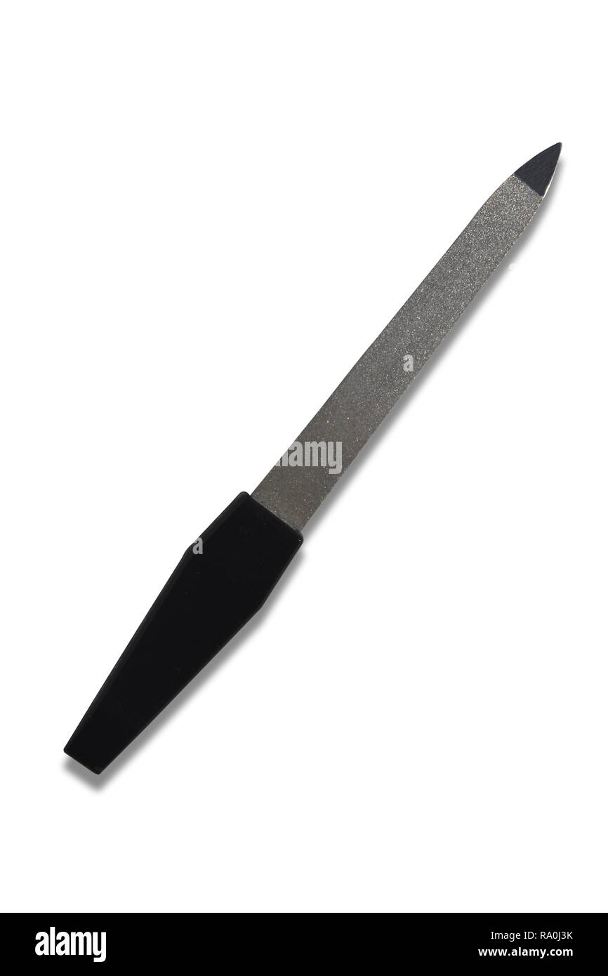 Nail file with black grip isolated on white background. Small beauty tool close up Stock Photo
