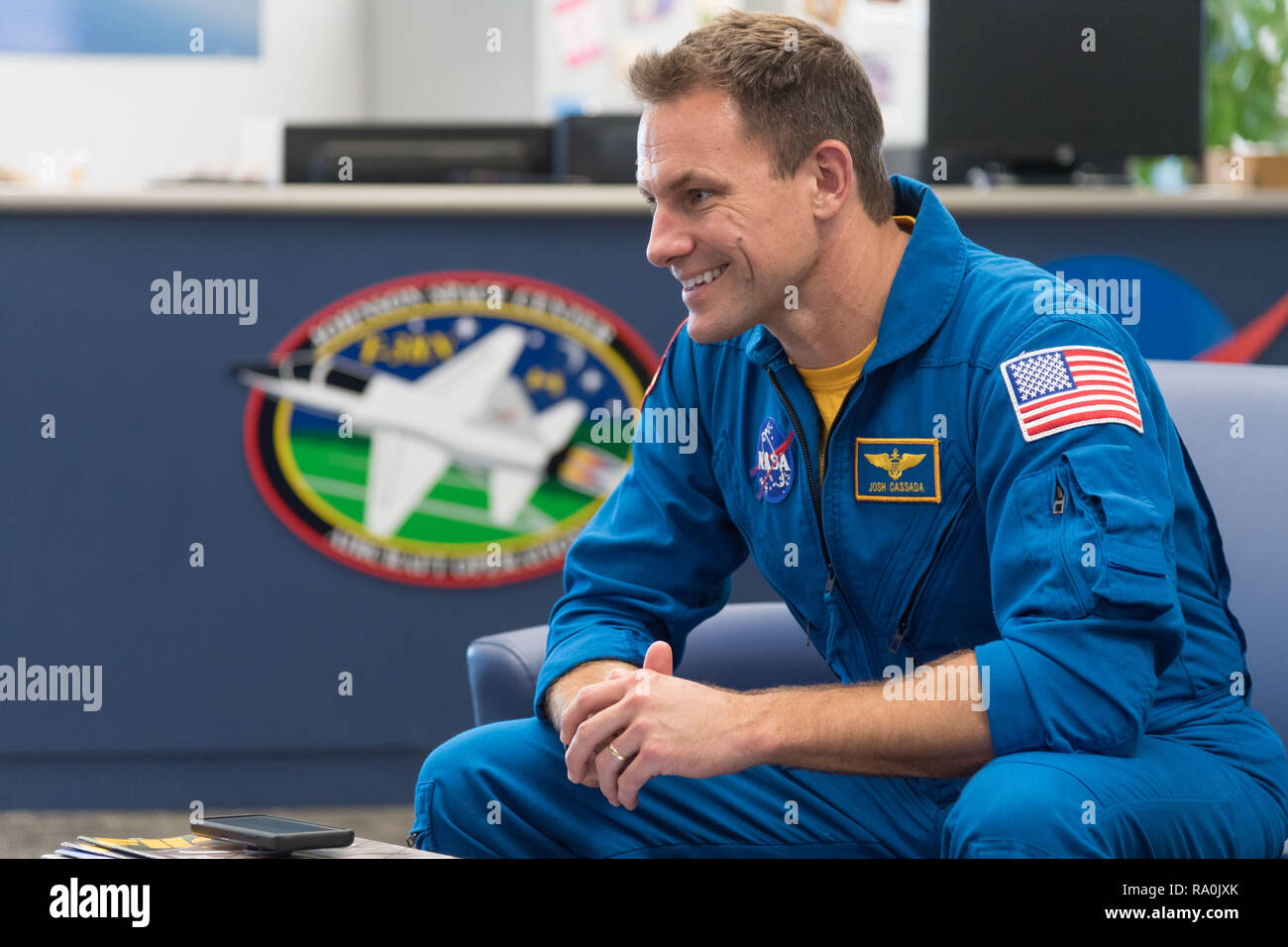 NASA commercial crew astronauts Josh Cassada is briefed before a T-38 training flight at Ellington Field Joint Reserve Base October 9, 2018 in Houston, Texas. Cassada and Williams are assigned to the Boeing Starliner second crewed flight. Stock Photo