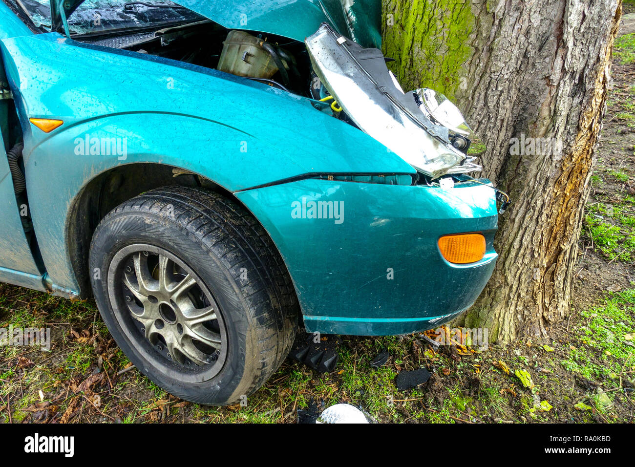 Car crash tree, Crashed car to a tree trunk, Czech Republic Stock Photo