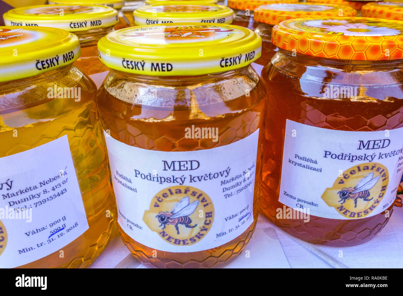 Czech honey jars at market Stock Photo