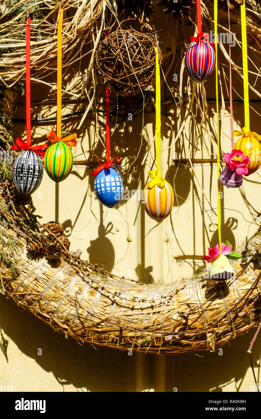 Czech Easter eggs hanging on a wreath Stock Photo