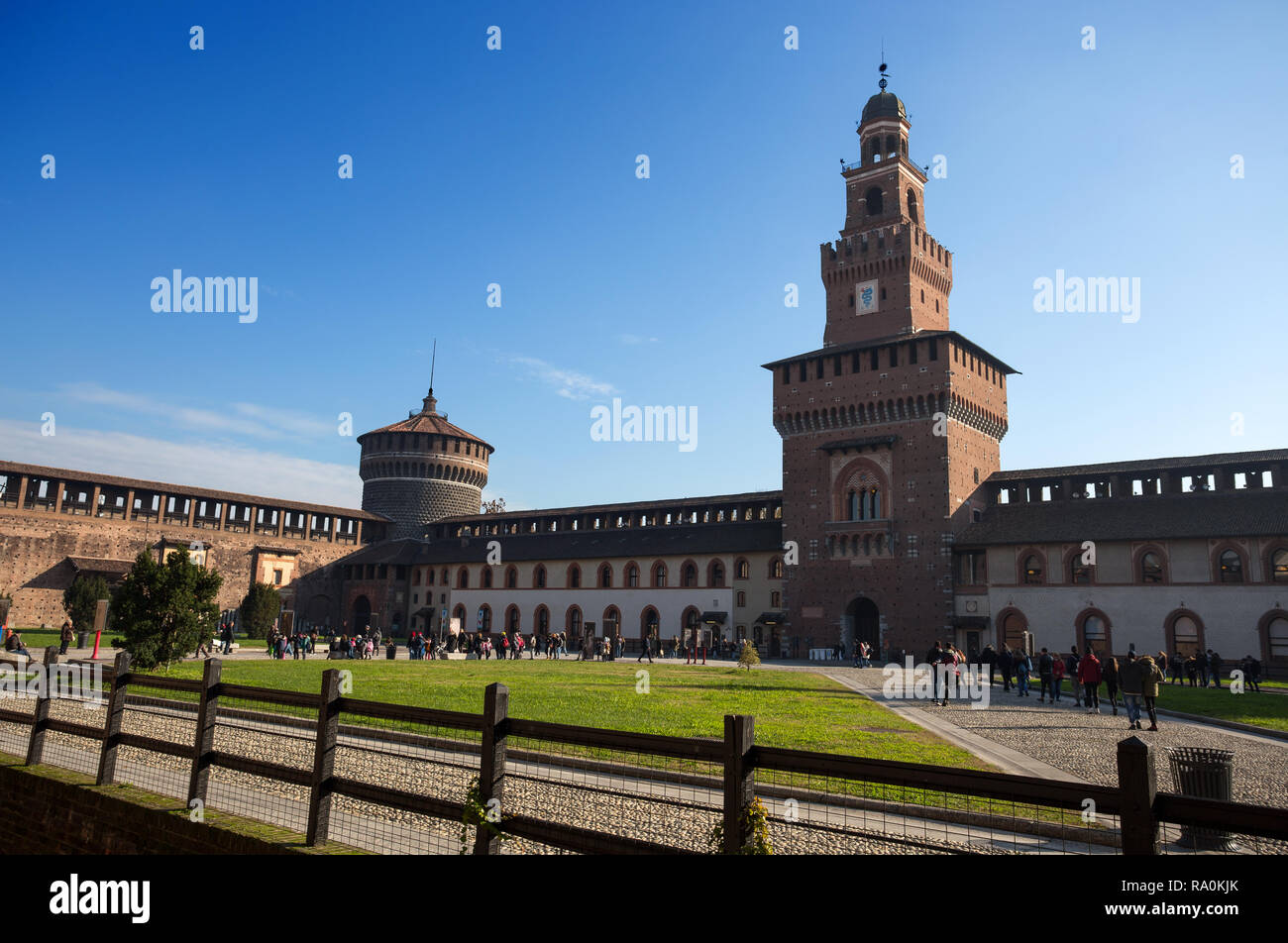 MILAN, ITALY, DECEMBER 5, 2018 - Sforzesco Castle courtyard in Milan, Italy Stock Photo
