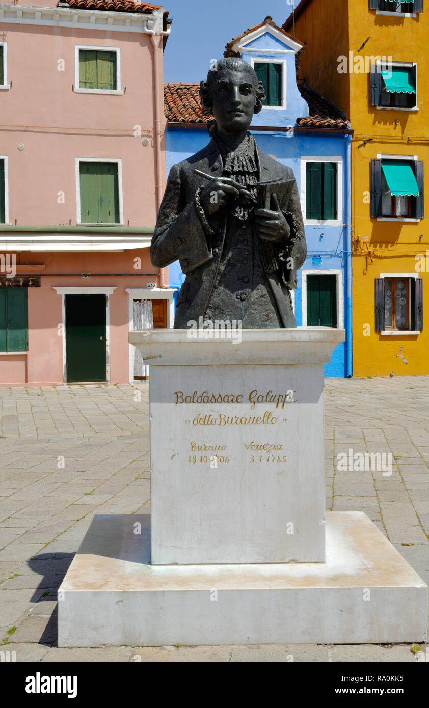 Statue of Venetian composer Baldassare Galuppi on Burano, the island of his birth. Stock Photo