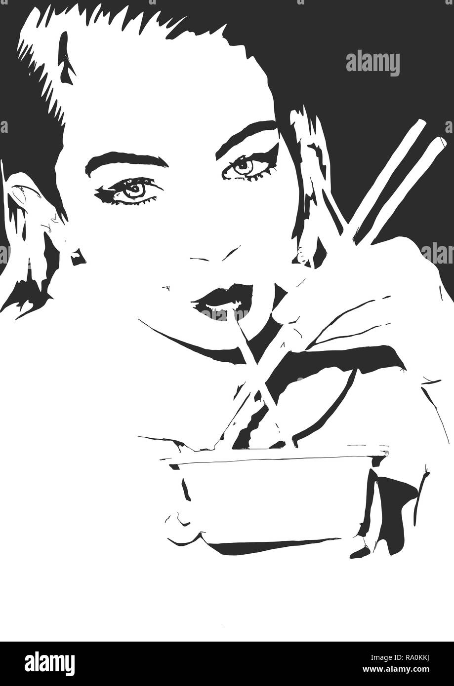 girl eating noodles abstract art Stock Photo