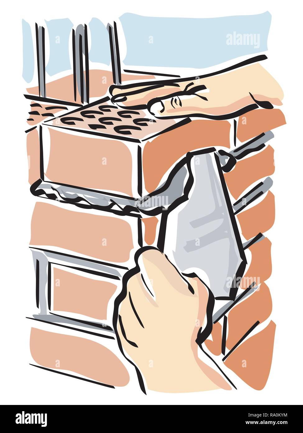 Illustration of a construction worker while building a wall of a house Stock Vector