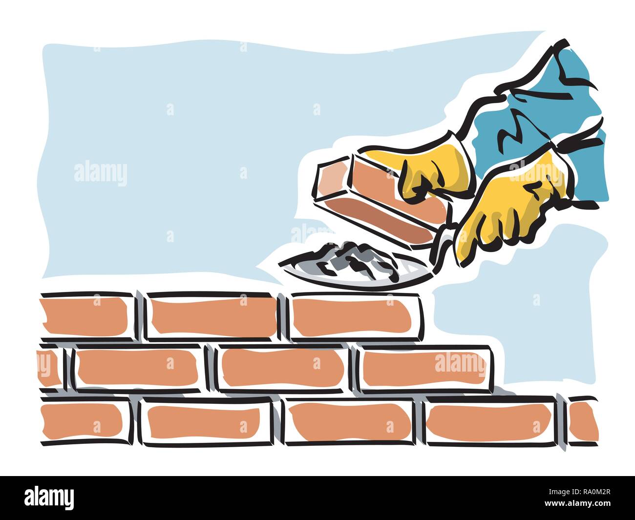 Illustration of a construction worker while building a wall of a house Stock Vector