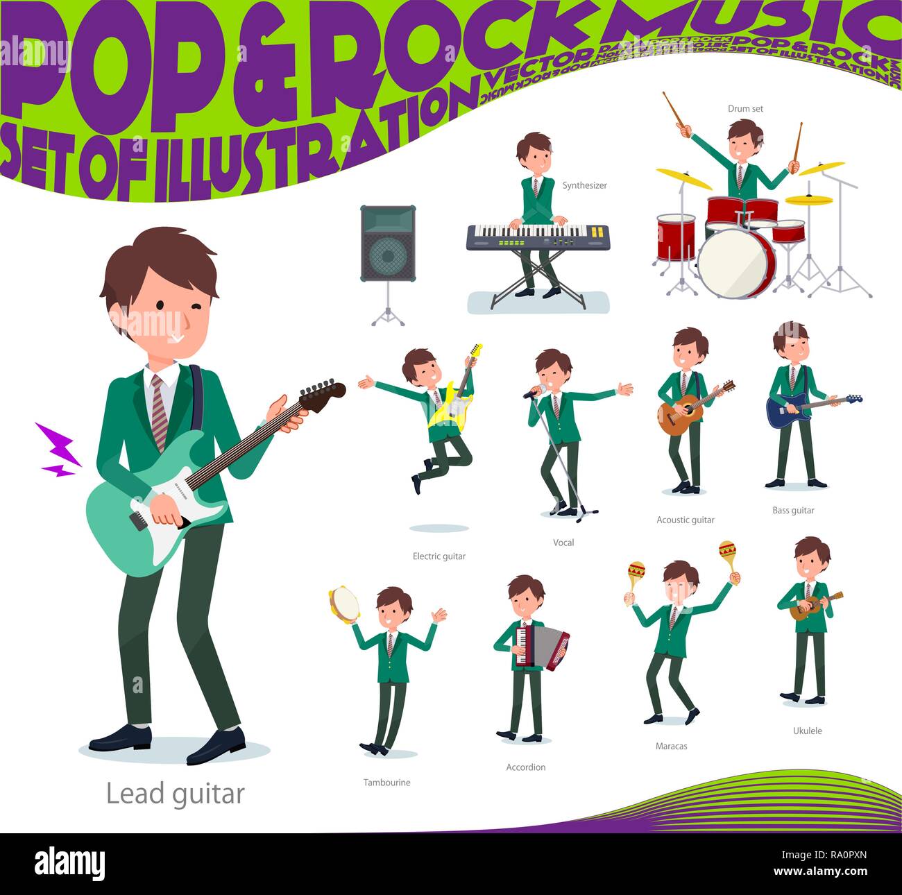 A set of school boy playing rock 'n' roll and pop music.There are also various instruments such as ukulele and tambourine.It's vector art so it's easy Stock Vector