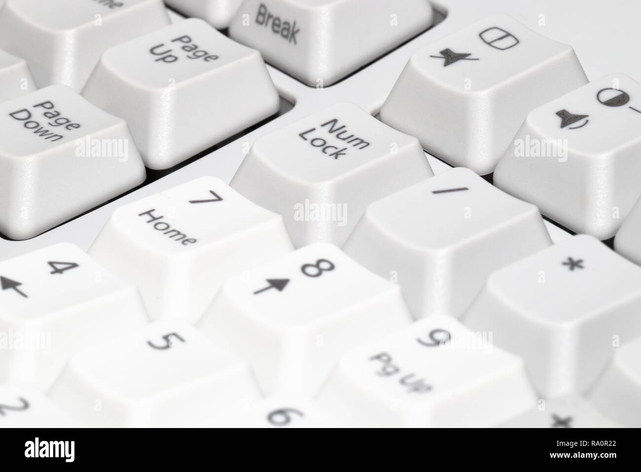 Modern computer keyboard. some part of white computer keyboard, Focus on numeric keypad and special keys. Stock Photo
