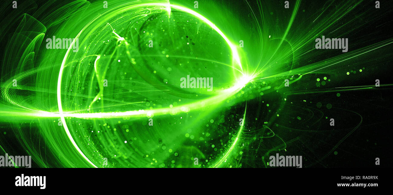 Green glowing interstellar technology in space, computer generated abstract background, 3D rendering Stock Photo