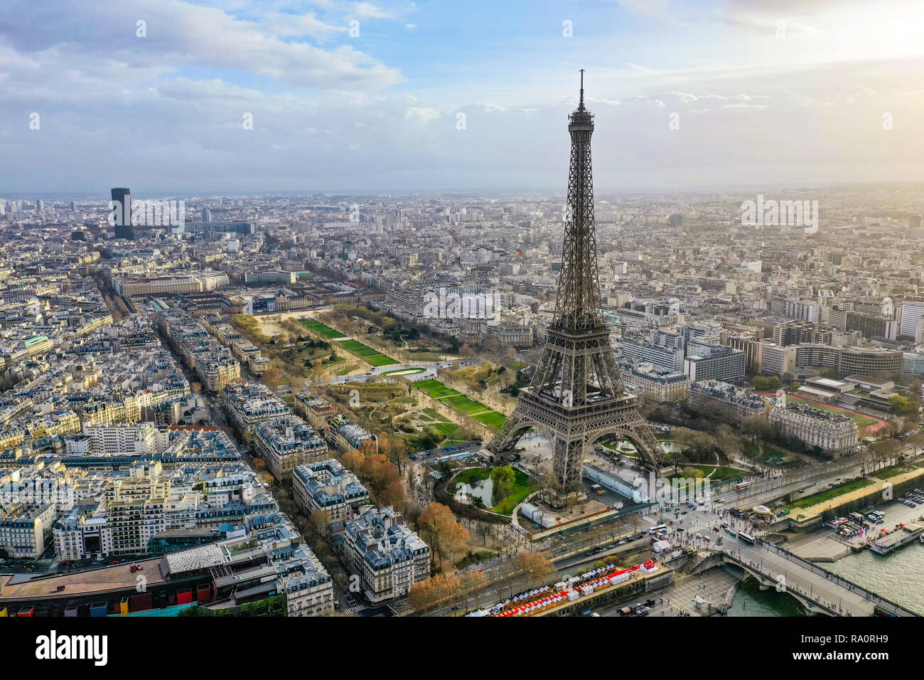 Beautiful Paris Aerial Panoramic Cityscape View feat. Famous Iconic Landmark Eiffel Tower, Champ de Mars Park, Seine River in France Stock Photo