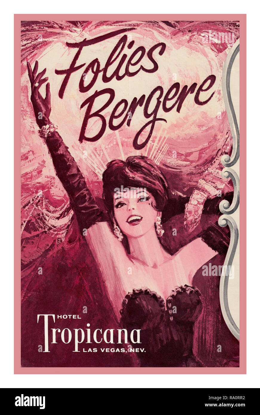 FOLIES BERGERE LAS VEGAS NEVADA Vintage entertainment poster 1950’s Las Vegas Tropicana Hotel. The Folies Bergere stage show offered song and dance numbers, novelty acts, and showgirls. Imported directly from Paris, the all French production was a mainstay on the Las Vegas Entertainment Strip for nearly half a century. Las Vegas Nevada USA Stock Photo