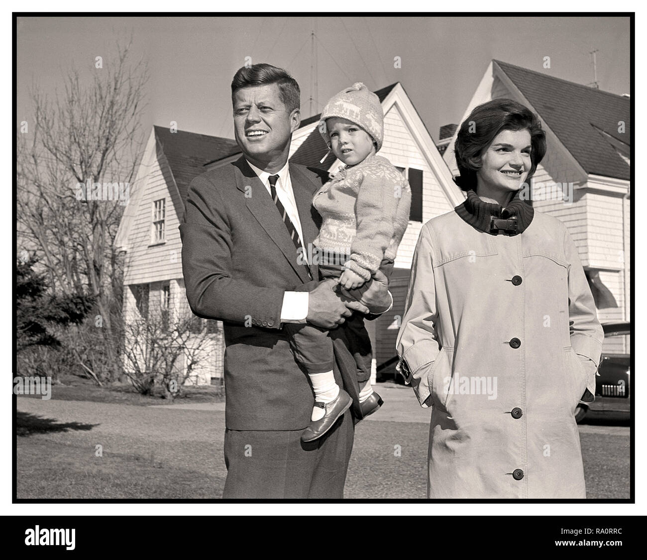 JOHN F KENNEDY JFK Nov 8th 1960, The Election Day Win.  Massachusetts Sen. John F. Kennedy defeated Vice President Richard M. Nixon for the presidency. Dem Presidential nominee Sen John F Kennedy wife Jacqueline and daughter Caroline outside their home Hyannis Port Mass. Nov 8th 1960 Election day Kennedy won 303 electoral votes to Nixons 219 Stock Photo