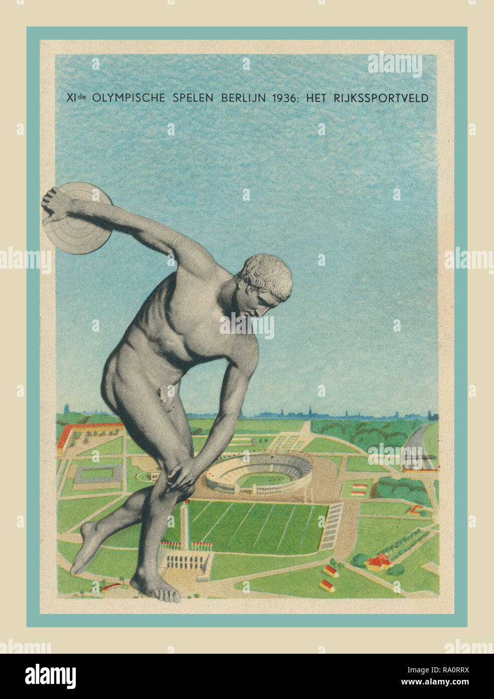 Vintage 1936 Olympic Postcard from Nazi Germany Berlin Olympic Games depicting the 1936 Berlin Olympic games complex with traditional discus thrower in the foreground. Stock Photo