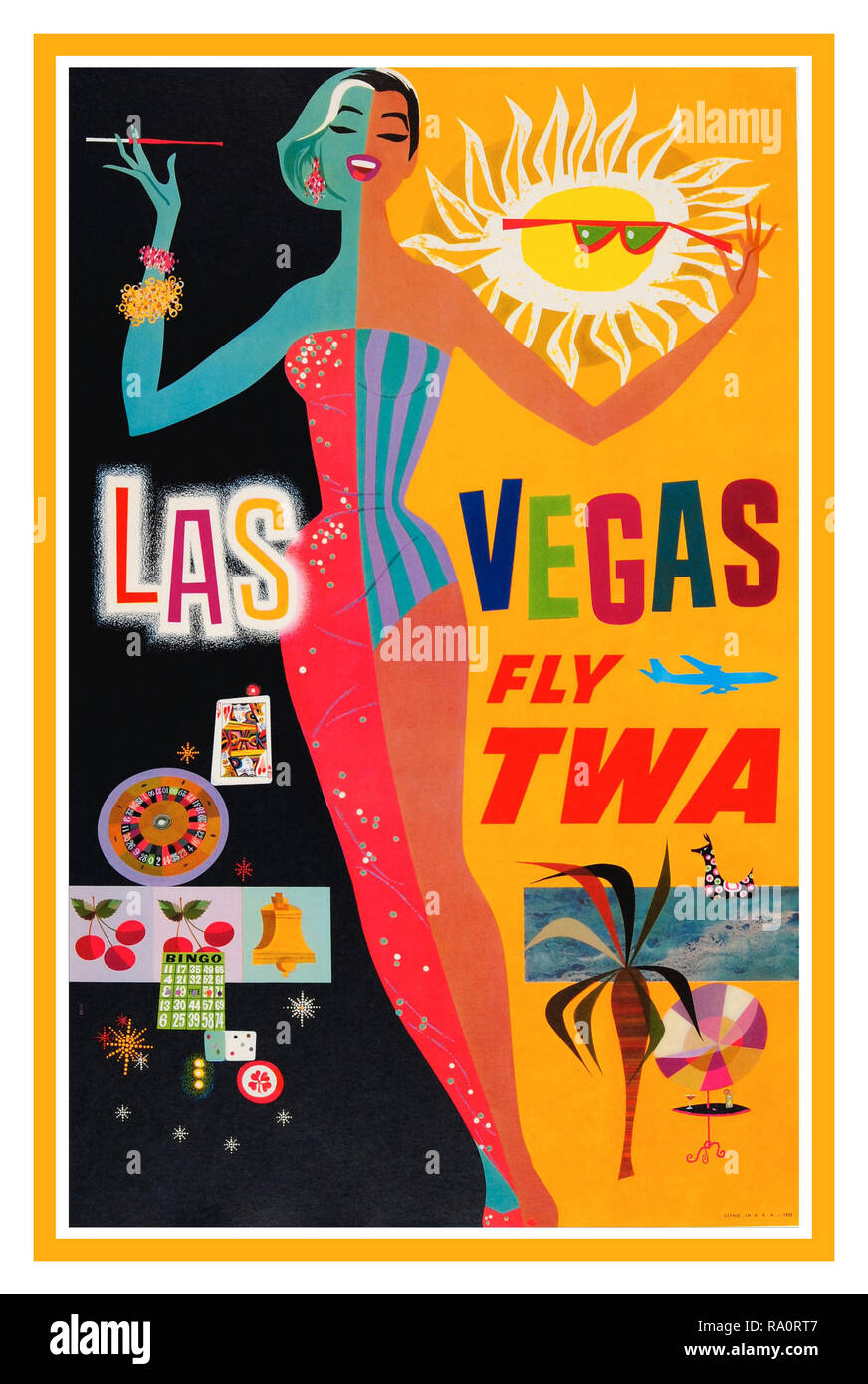 LAS VEGAS fly TWA Original Vintage 1950’s Travel Trans World Airlines Poster by David Klein 'Las Vegas Fly TWA ' Travel poster advertising Las Vegas by TWA, Trans World Airlines. Graphic artwork featuring elegant lady enjoying Las Vegas during the day and night, her right half wearing a  red evening dress with her right hand holding up a cigarette with cards, a roulette wheel and other gambling games depicted and her other half dressed in a bathing suit with a palm tree and drinks by a swimming pool, her left hand holding up sunglasses in front of a happy sun with a plane flying by below. Stock Photo