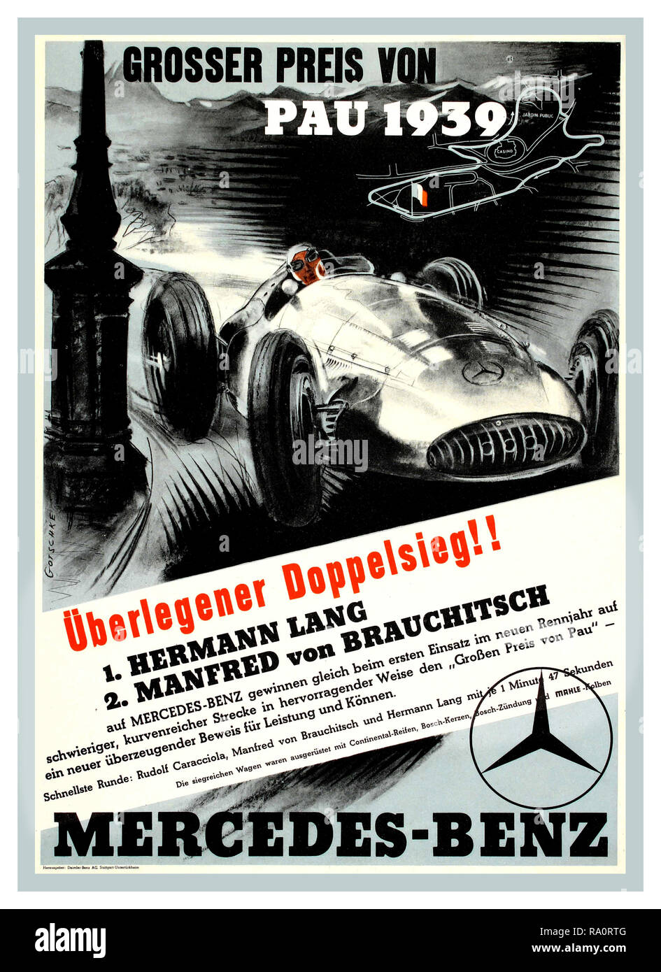 Vintage German Motor Racing Poster 1939 'Grosser Preis von Pau 1939' - Mercedes Benz motor racing poster. Original vintage motorsport poster promoting Mercedes-Benz at the Grosser Preis von Pau 1939, featuring German race drivers Hermann Lang and Manfred von Brauchitsch placed First and Second driving Mercedes Silver Arrows Racing Cars. The Pau Grand Prix is a motor race held in Pau, in the Pyrénées-Atlantiques department of southwestern France Stock Photo