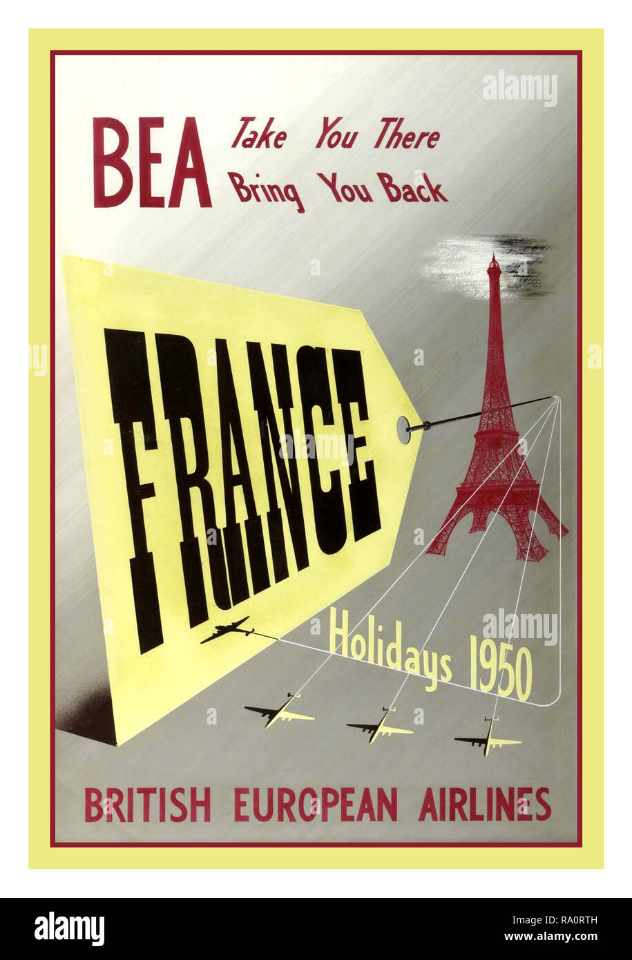 Vintage BEA British European Airlines 1950's Aviation Travel Poster promoting holidays in France  'BEA Take You There-Bring you Back' Stock Photo