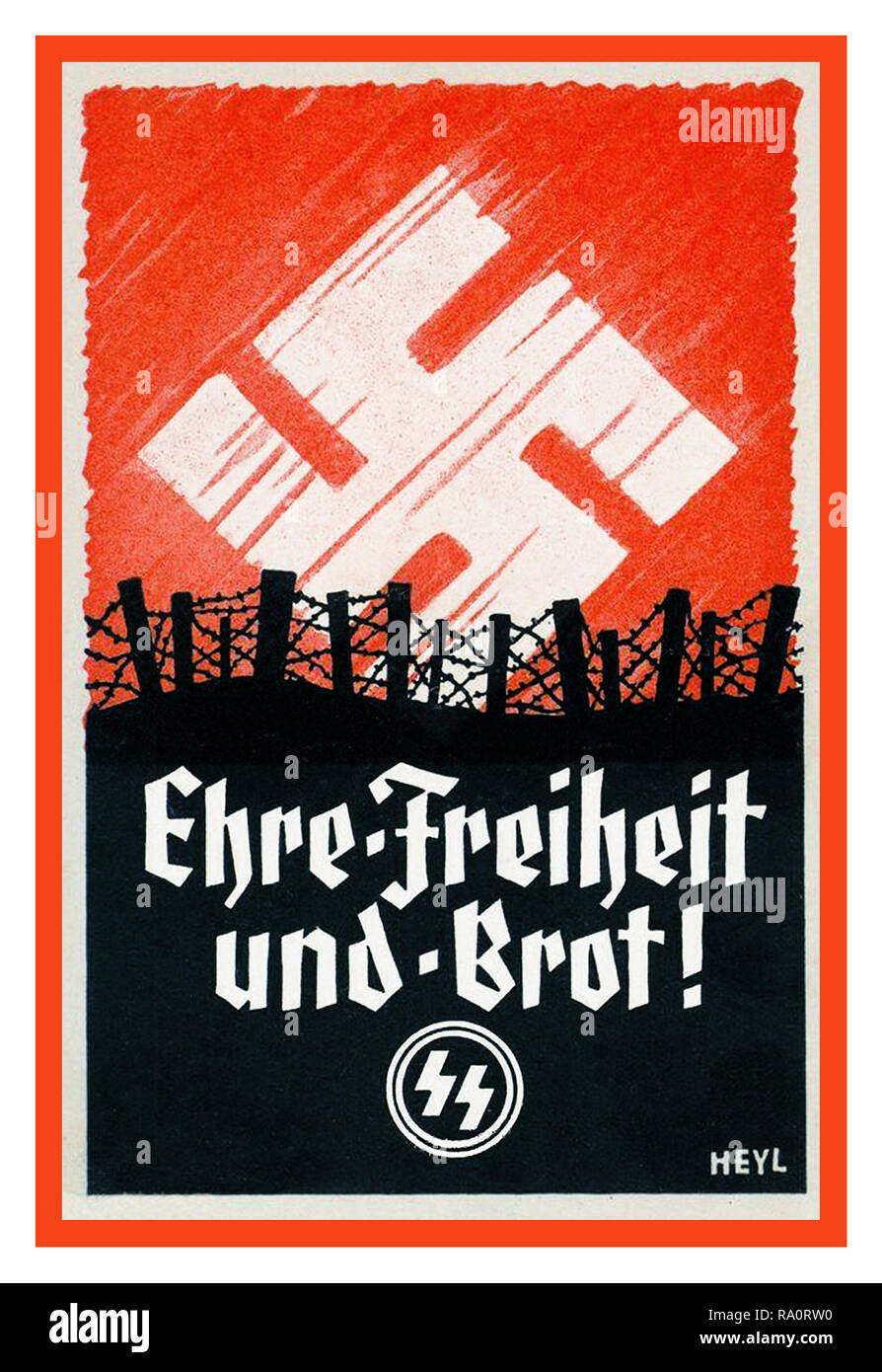 Vintage WW2 Nazi Germany SS Army Propaganda Recruitment Poster for the Waffen SS  'Honour Freedom and Bread'  EHRE, FREIHEIT, und, BROT !  in a battlefield situation with Nazi Swastika as an emblematic sunrise Stock Photo