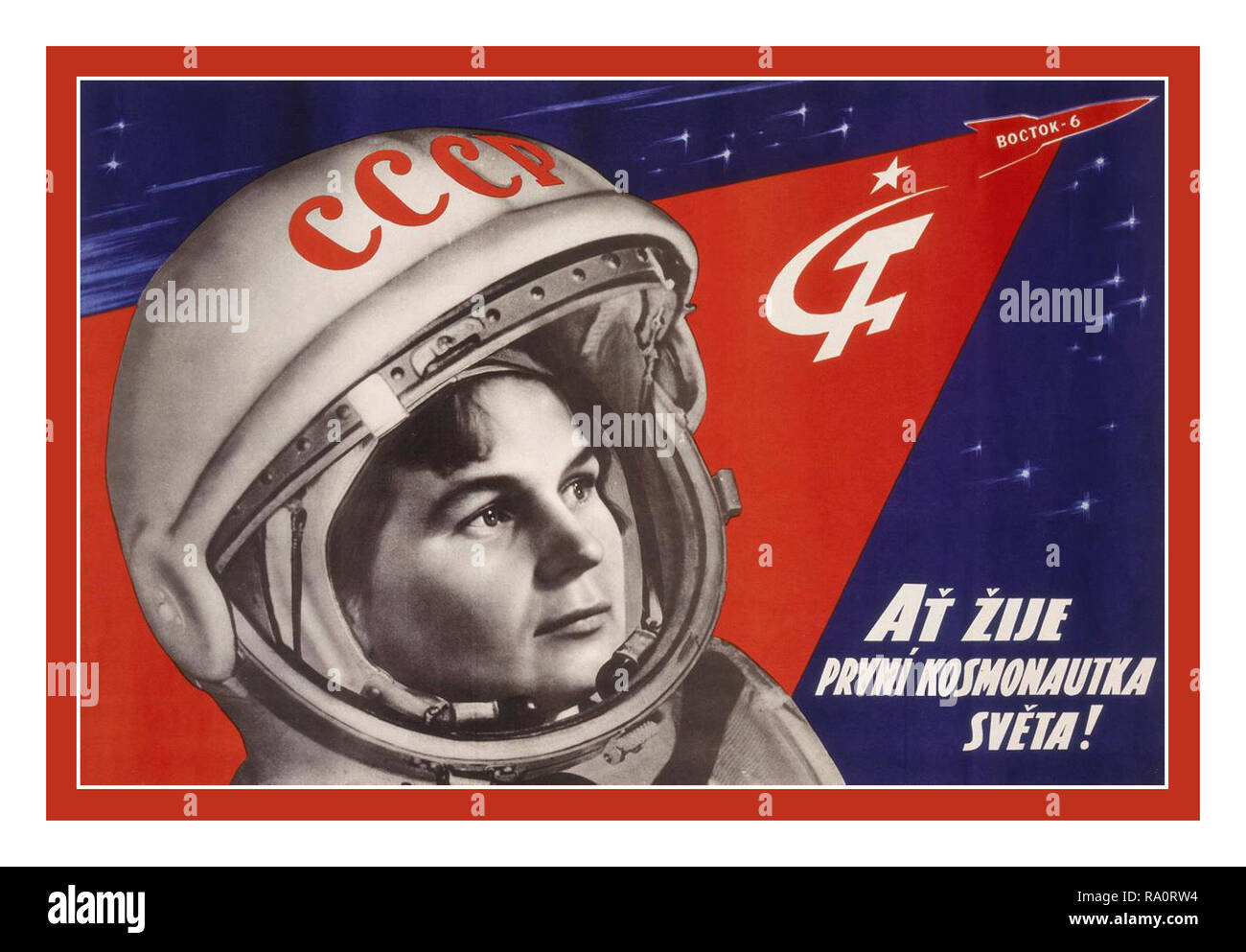 Vintage 1960’s Russian Soviet USSR Space Race Propaganda Poster  “Glory to the first woman cosmonaut!” June 16, 1963, at the age of 26, Valentina Tereshkova became the first woman to fly in space. Her three-day mission was the 12th human spaceflight in history, following several Russian Vostok and American Mercury flights.  Strapped to her ejection seat, Tereshkova rode inside the 7.5-foot-wide (2.3 meters) pressurized cabin of Vostok-6 in a 3 day space mission. Stock Photo