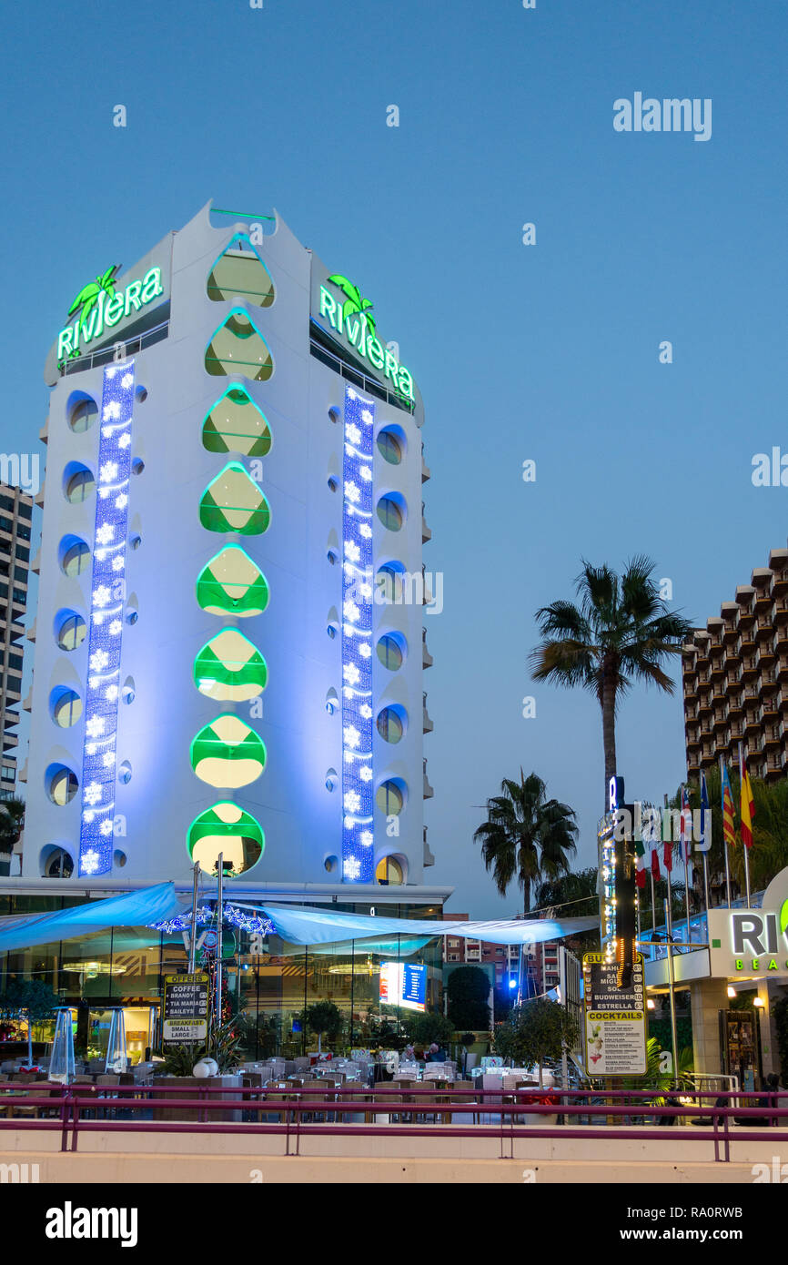 The Riviera Hotel at dusk in the New Town, Benidorm, Alicante Province, Spain Stock Photo - Alamy
