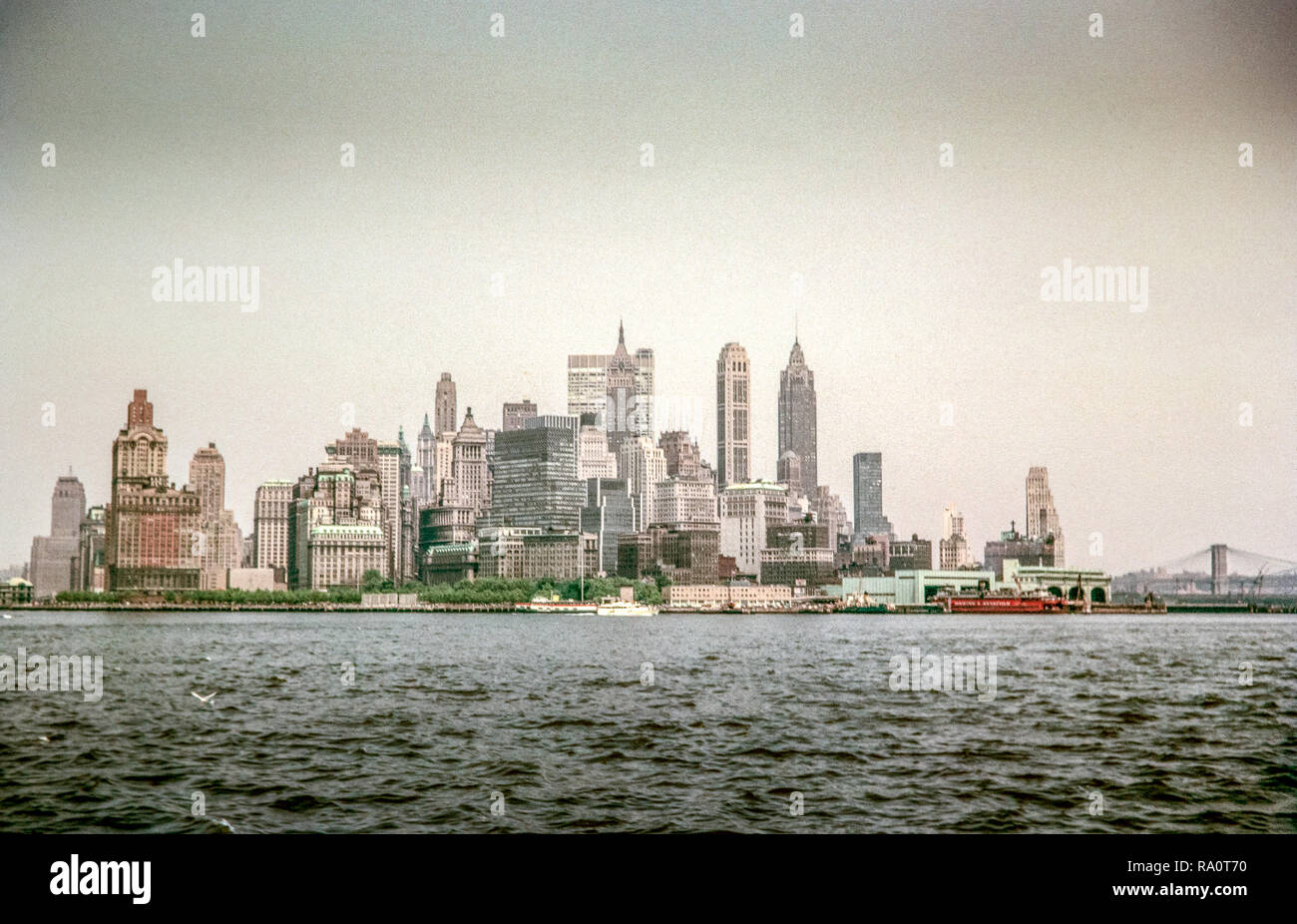 View of Lower Manhattan in New York City, taken from the bottom of the East River in June 1964. Stock Photo