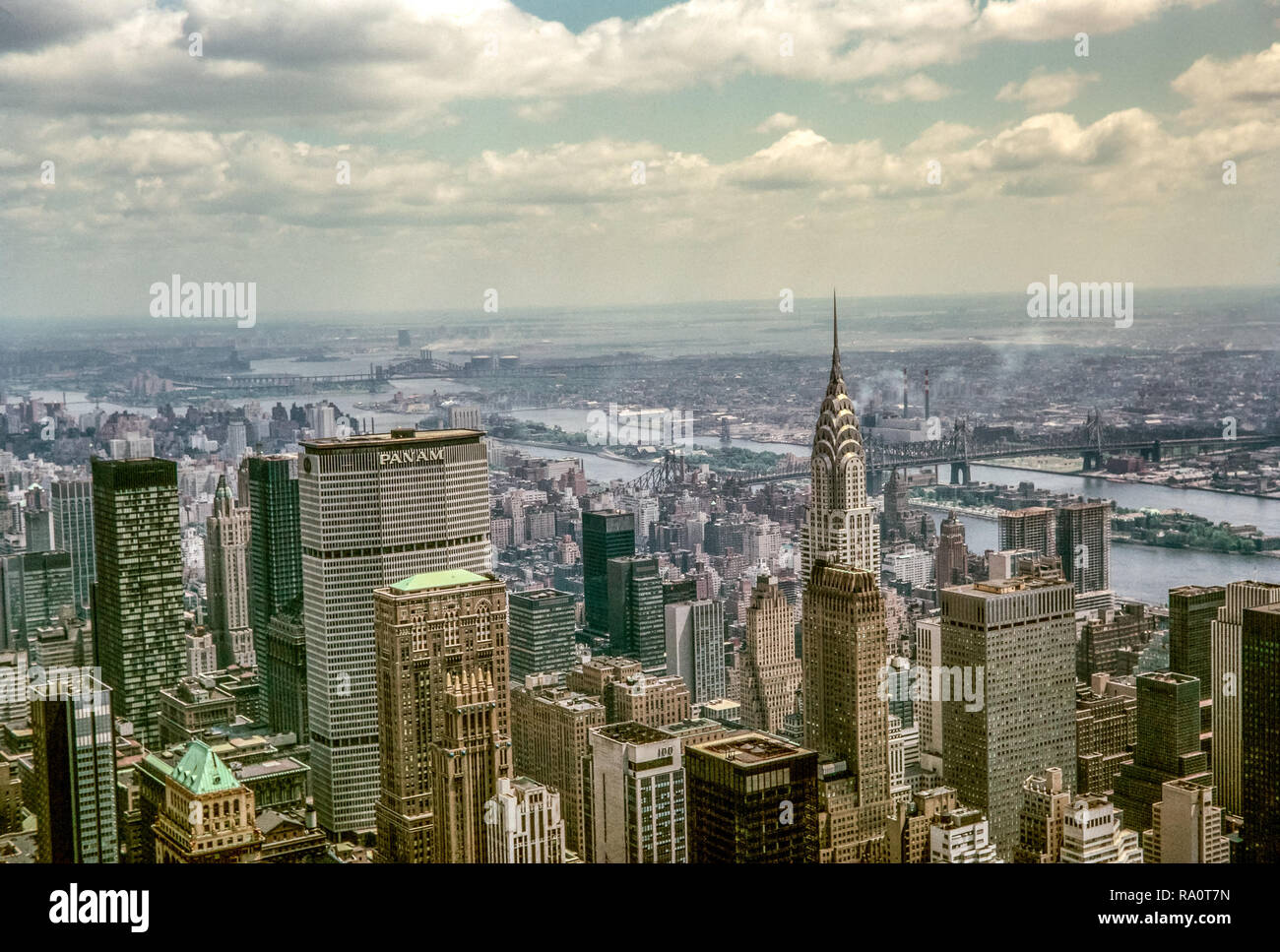 June 1964. View from the top of the Empire State Building in New York, looking across the Pan Am Building and the Chrysler Building. Stock Photo