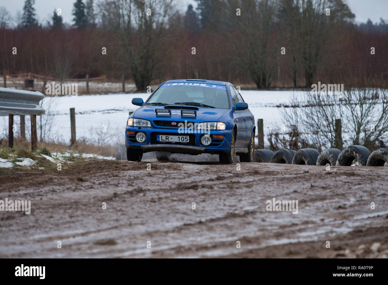 City Livi, Latvia. Winter autocross 2018, peoples and sport cars. Engine and speed. Travel photo 2018, 29. december. Stock Photo