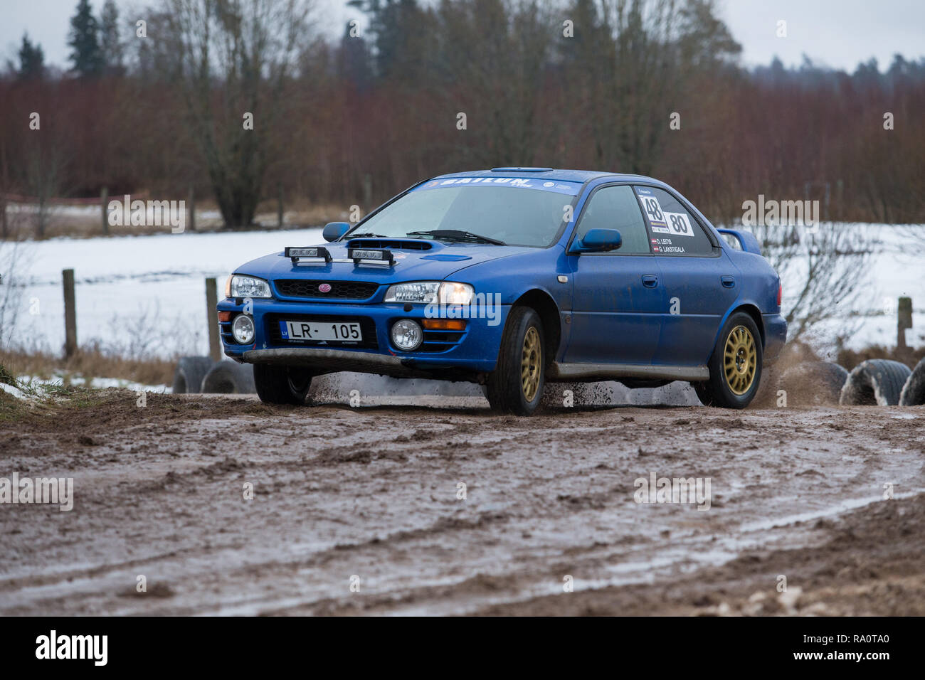 City Livi, Latvia. Winter autocross 2018, peoples and sport cars. Engine and speed. Travel photo 2018, 29. december. Stock Photo