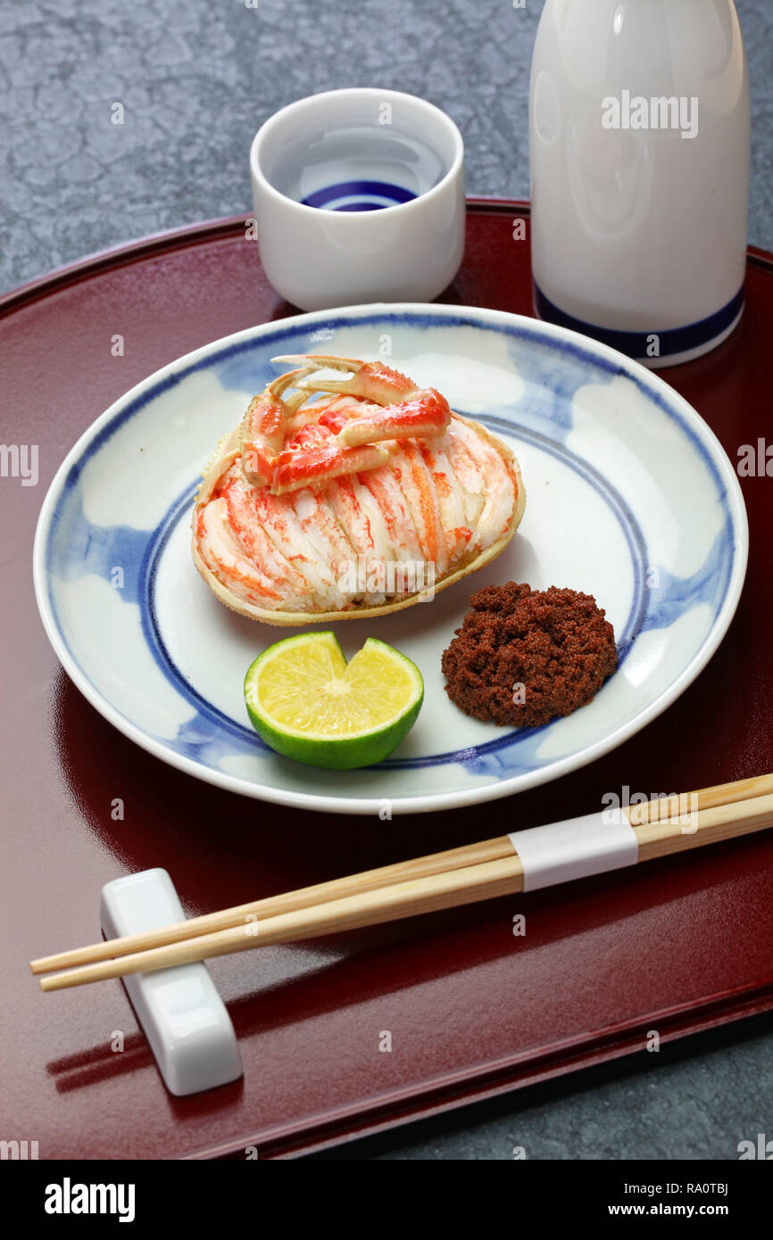 Seko gani, steamed female snow crab meat and egg stuffed on crab shell, Japanese food Stock