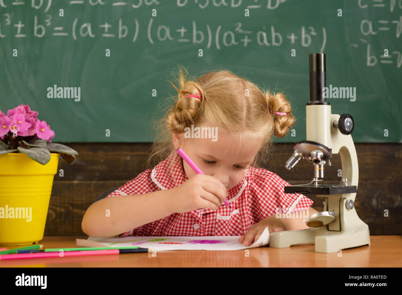 Little Kid Have Lesson Small Kid Draw On Paper At Desk In Nursery